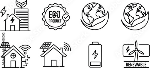 Eco energy and green technology line icons isolated on white background renewable energy sources and sustainable development