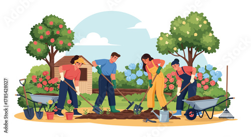 Four people are actively engaged in various gardening tasks, including planting, digging, and preparing soil in a vibrant and lush outdoor setting.