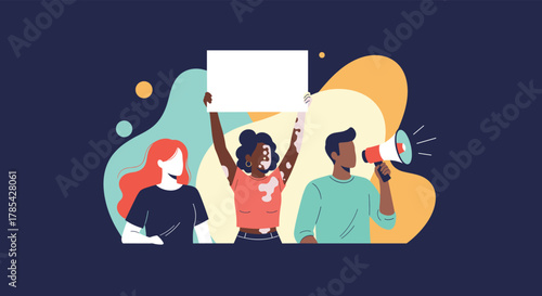 Diverse group of activists raising awareness and protesting for social justice and equality, featuring individuals with different backgrounds.