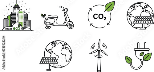Eco city and green energy sources isolated on white background, ecology and environment concept, thin line icons set