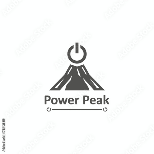 Gray stylized power button over a mountain shape, with text "Power Peak" below. Simple, modern design