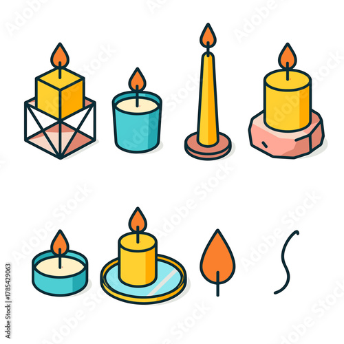 Modern Candle Icons. Modern Candle Design modern flat icon set: geometric holder, small votive, tall taper, stone base, tealight, mirror tray, candle flame, wick.