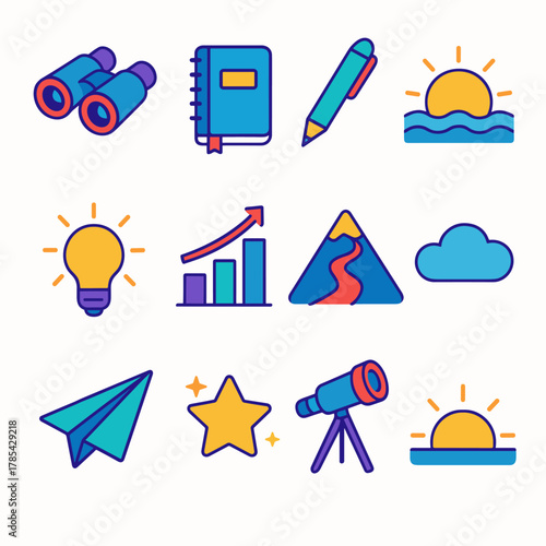 Visionary Icons Set. Visionary Beginnings modern flat icon set: binoculars, notebook, pen, sunrise, lightbulb, bar chart, mountain path, cloud line, paper airplane, star glow,