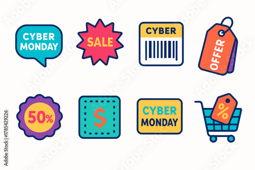 Cyber Monday Icons. Cyber Monday Offer Tags modern flat icon set: colorful labels, sale burst, barcode sticker, price tag icon, discount seal, dotted coupon, product label,