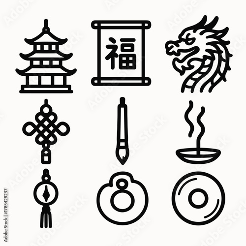 Chinese New Year Symbols. Chinese New Year Heritage Symbols outline icon set: pagoda, scroll of blessings, dragon pattern, jade ornament, lantern chain, fortune knot, calligraphy