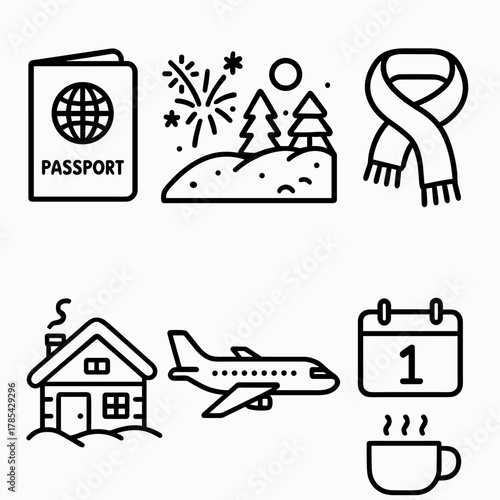 Winter Escape Icons. New Year Winter Escape outline icon set: passport, fireworks, snowy landscape, scarf, cozy cabin, airplane, calendar, hot drink.