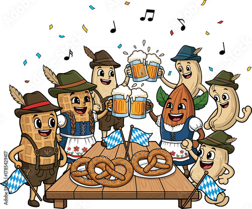Happy cartoon sausages celebrate oktoberfest with beer and pretzels