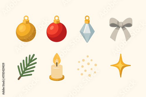 Elegant Christmas Bauble Icons. Elegant Christmas Baubles modern flat icon set: matte gold ornament, red shimmer ball, crystal detail, silver ribbon, pine sprig, candle glow, snow