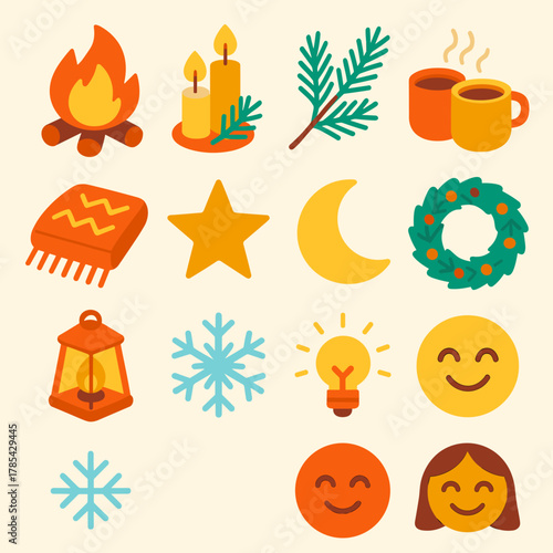 Winter Solstice Icons. Winter Solstice Warm Gathering modern flat icon set: bonfire, candles, pine branches, mugs of tea, cozy blanket, stars, moon, wreath, lantern, snowflake,