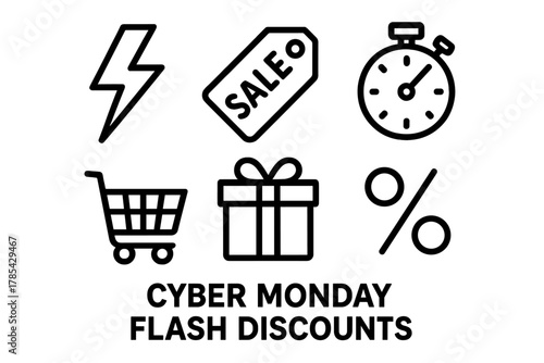Cyber Monday Icons. Cyber Monday Flash Discounts outline icon set: lightning bolt, sale tag, stopwatch, shopping cart, gift box, percentage symbol.
