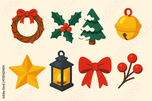 Festive Decor Icons. Christmas Market Seasonal Decor modern flat icon set: rustic wreath, holly garland, snow-dusted pine, jingle bell, gold star, lantern light, festive bow,