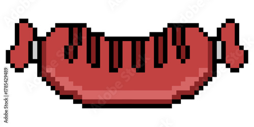 Pixel Sausage Vector Retro-style pixel art vector of a sausage or hot dog. Perfect for gaming, food, vintage, butcher, or digital art themes, offering a nostalgic and simple aesthetic.