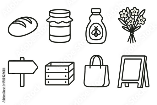 Market Icon Set. Farmers & Makers outline icon set: bread loaf, jam jar, honey bottle, flower bouquet, market sign, crate, tote bag, chalkboard.