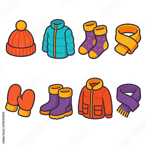 Winter Clothing Icons. Warm Clothing Essentials modern flat icon set: winter hat, puffer coat, cozy socks, neck warmer, mittens, snow boots, heavy jacket, wool scarf.