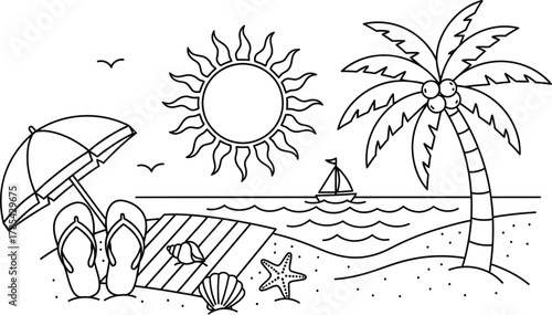 Black and white illustration of a sunny beach scene with a palm tree, umbrella, and sailboat