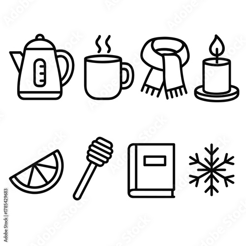 Winter Icons Collection. Winter Comfort outline icon set: kettle, mug, scarf, candle, lemon wedge, honey dipper, book, snowflake.