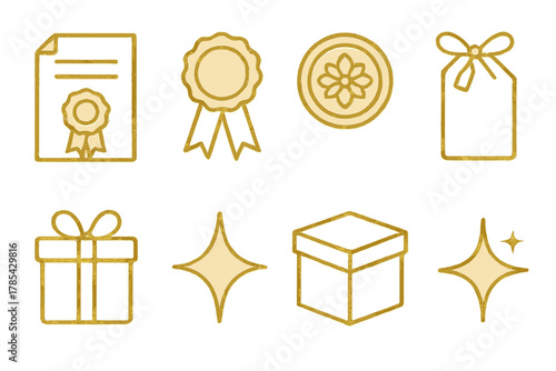 Elegant Gold Embossments. Elegant Gold Theme outline icon set: embossed paper, gold seal, ribbon detail, champagne hue, glowing ornament, folded tag, polished box, glimmering star.