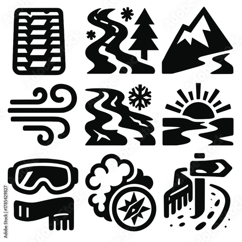 Winter Adventure Icons. Frozen Trail Ride bold vector icon set: snowmobile tracks, icy path, forest trees, mountain slope, wind gust, frozen river, sunrise glow, scarf, goggles,