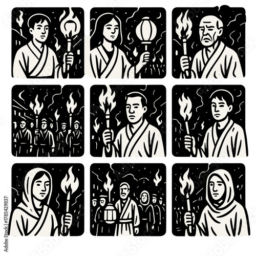Torchlit Night Parade. Night Parade outline icon set: people holding torches, glowing lanterns, flickering flames, warm faces in the dark, traditional robes, slow march, fire