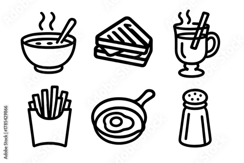Ski Lodge Comfort Foods. Ski Lodge Favorites outline icon set: soup bowl, grilled sandwich, hot toddy glass, fries, skillet, salt shaker.