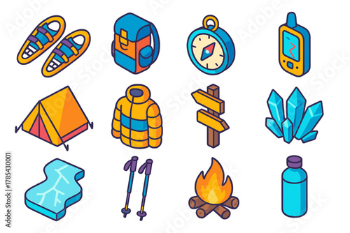 Backcountry Gear Icons. Backcountry Explorer modern flat icon set: snowshoes, backpack, compass, GPS, tent, insulated jacket, trail marker, ice crystals, frozen river, walking