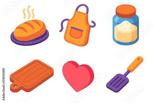 Cozy Baking Icons. Cozy Home Baking modern flat icon set: steaming bread, apron, jar of flour, wooden board, heart icon, spatula.