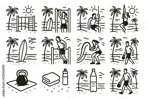 Beachside Fitness Experience. Beach Gym outline icon set: sand workout area, wooden bars, ropes, surf backdrop, kettlebell on mat, bright sun, towel and water, ocean breeze, active
