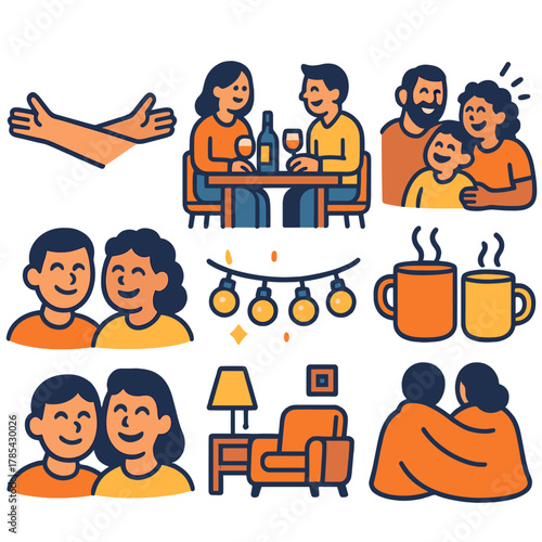 Heartfelt Reunion Icons. Heartfelt Reunion modern flat icon set: open arms, dining scene, family laughter, hot drinks, joyful faces, twinkling lights, cozy décor, shared warmth.