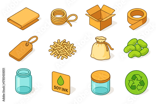 Eco-Friendly Packaging Icons. Eco Packaging Materials modern flat icon set: kraft paper, jute twine, cardboard box, paper tape, wooden tag, shredded paper, cloth bag, cornstarch