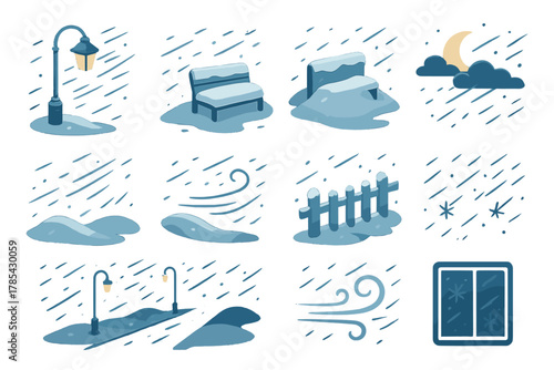 Isometric Blizzard Icons. Night Blizzard View modern flat icon set: snow blowing past lamp, buried bench, moon behind clouds, drifting snow, icy fence, silent street, howling wind,