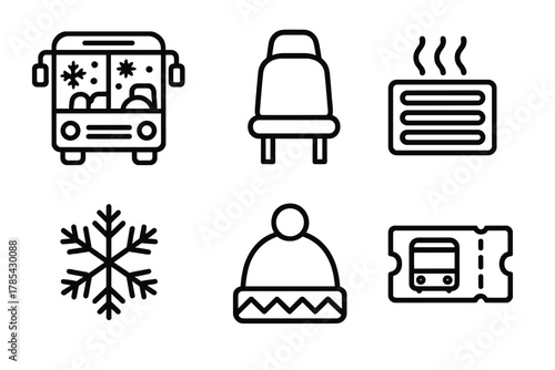 Winter Bus Icons. Winter Public Transport outline icon set: bus interior, seat, heater vent, snowflake, hat, ticket stub.