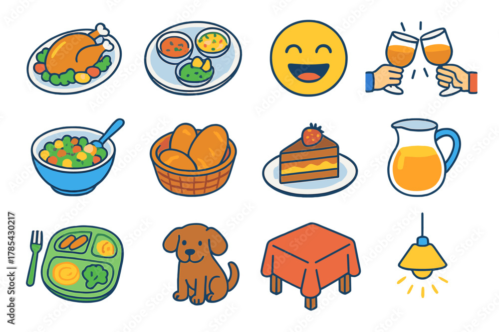 Fototapeta premium Isometric Family Feast Icons. Family Gathering Feast modern flat icon set: large platter, shared dishes, laughter icon, hands clinking glasses, serving bowl, bread basket, dessert