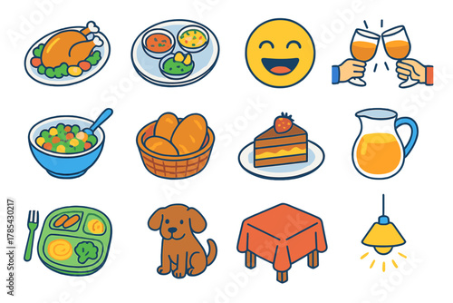 Isometric Family Feast Icons. Family Gathering Feast modern flat icon set: large platter, shared dishes, laughter icon, hands clinking glasses, serving bowl, bread basket, dessert