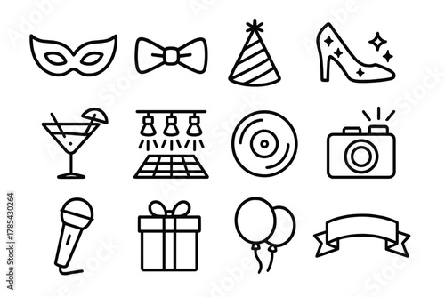 Party Icons Collection. New Year Party Essentials outline icon set: masquerade mask, bow tie, party hat, glitter shoe, cocktail glass, dance floor lights, vinyl record, microphone,