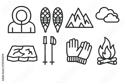 Polar Exploration Icons. Polar Journey outline icon set: parka hood, snowshoes, ice peaks, frozen ground, ski poles, wool gloves, campfire, cloudy sky.