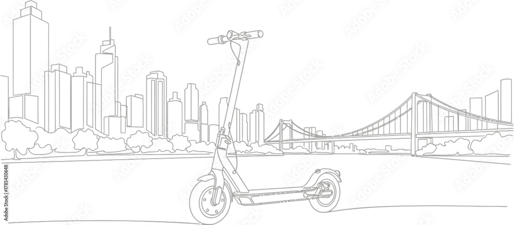 Obraz premium An electric scooter parked in front of a cityscape with skyscrapers and a bridge, depicting urban transportation and modern city life