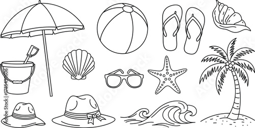 Collection of summer beach vacation icons and elements, including a beach umbrella, bucket, shovel, seashell, flipflops, sunglasses, starfish, palm tree, and waves, all isolated on a white background