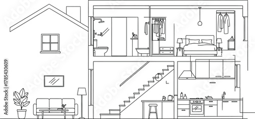 Detailed line art crosssection of a twostory house, showcasing various rooms including a living room, kitchen, bedroom, and bathroom, illustrating home interior design and layout