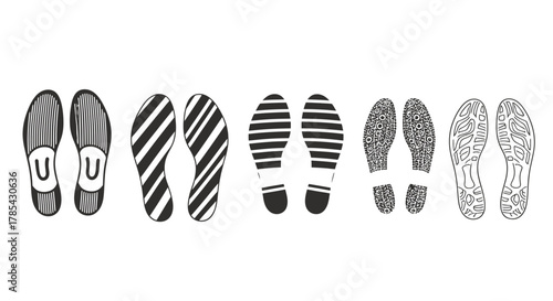 Footprint vector illustration set various shoe sole prints and treads