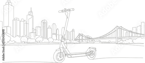 An electric scooter parked in front of a cityscape with skyscrapers and a bridge, depicting urban transportation and modern city life
