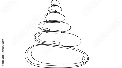 A perfectly balanced stack of smooth, rounded stones, symbolizing harmony, zen, and tranquility, created with a single continuous line drawing on a clean white background