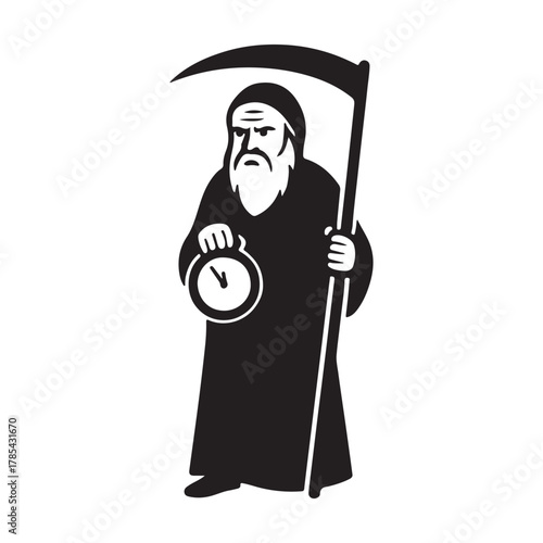 A powerful silhouette of an ancient, bearded figure, representing the relentless march of time and human mortality, holding a scythe and an old clock