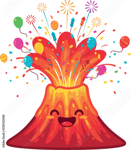 Happy cartoon volcano erupting with balloons and confetti