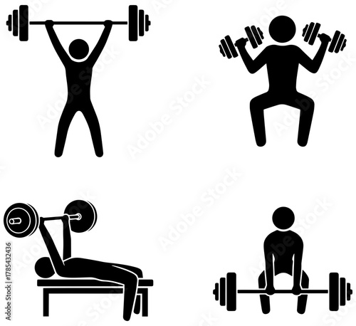 Dynamic fitness icon set showcasing weightlifting exercises for strength training goals