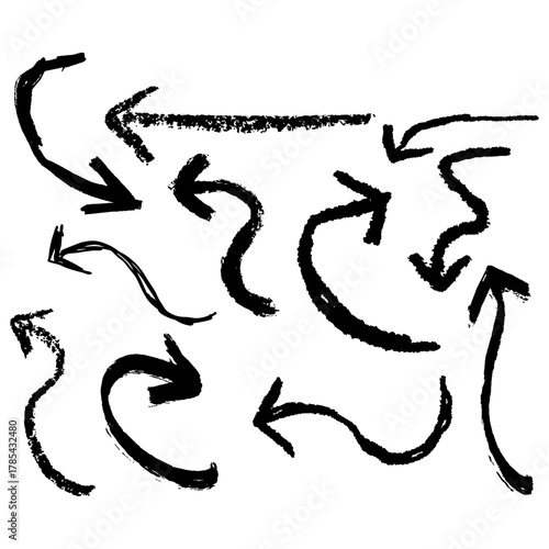 Set Doodle Arrow Handdrawn Chalk, Brush, Pen, Vector Perfect for informal directions, flowcharts, and creative graphics.