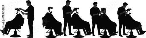 Barber haircut silhouette, black and white, grooming sequence, customer in chair, scissors, clippers, personal care, service profession, time-lapse