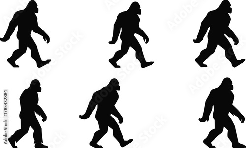 Bigfoot walking silhouette, gorilla-like figure, black and white, bipedal motion, character design, animation frame, posture variation, cryptid, outdoors