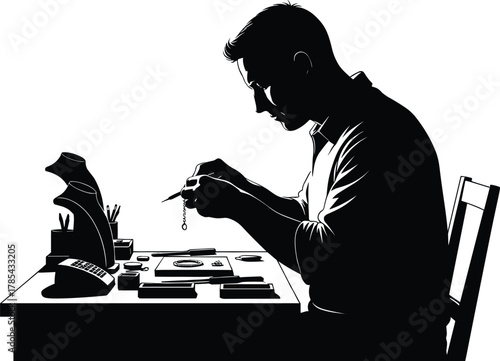 Jewelry making silhouette, black and white, artisan at desk, precision tools, display stand, craftsmanship, focused work, creative process, repair