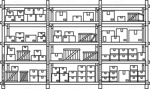 Warehouse shelving unit filled with various boxes and crates, a detailed line drawing illustration representing storage and logistics, isolated on white background