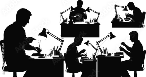 Laboratory work silhouette, black and white, scientific activity, desk setup, beakers, flasks, test tubes, focused research, chemistry, biology